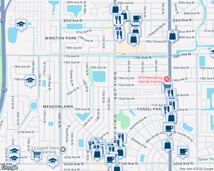 map of restaurants, bars, coffee shops, grocery stores, and more near 7300 10th Street North in St. Petersburg