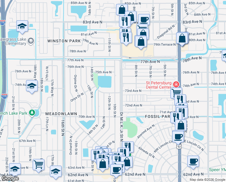 map of restaurants, bars, coffee shops, grocery stores, and more near 7251 12th Street North in St. Petersburg