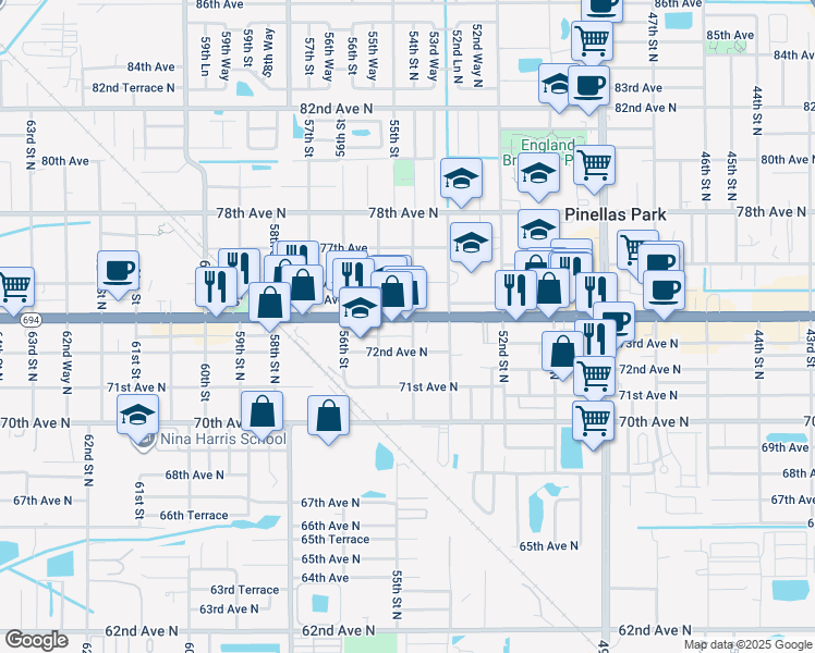 map of restaurants, bars, coffee shops, grocery stores, and more near 7205 55th Street North in Pinellas Park