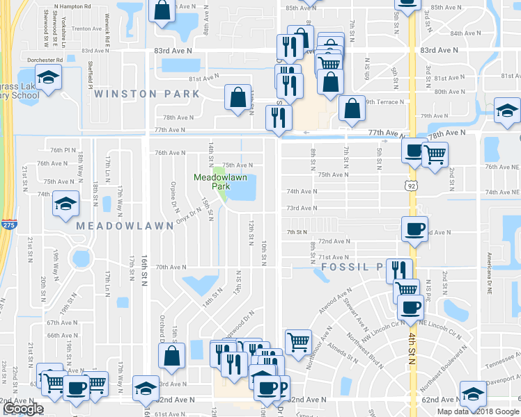 map of restaurants, bars, coffee shops, grocery stores, and more near 7251 12th Street North in St. Petersburg