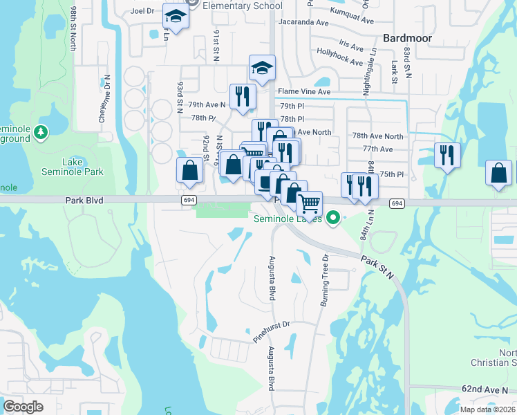 map of restaurants, bars, coffee shops, grocery stores, and more near 7300 Park Street North in Seminole