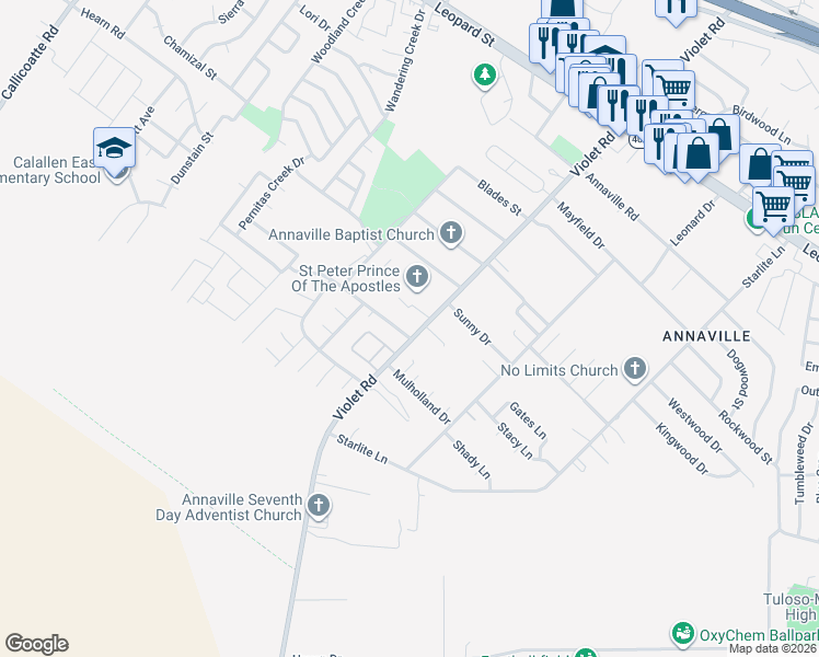 map of restaurants, bars, coffee shops, grocery stores, and more near 3838 Violet Road in Corpus Christi