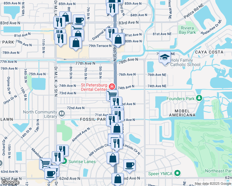 map of restaurants, bars, coffee shops, grocery stores, and more near 4th Street North & 73rd Avenue North in St. Petersburg