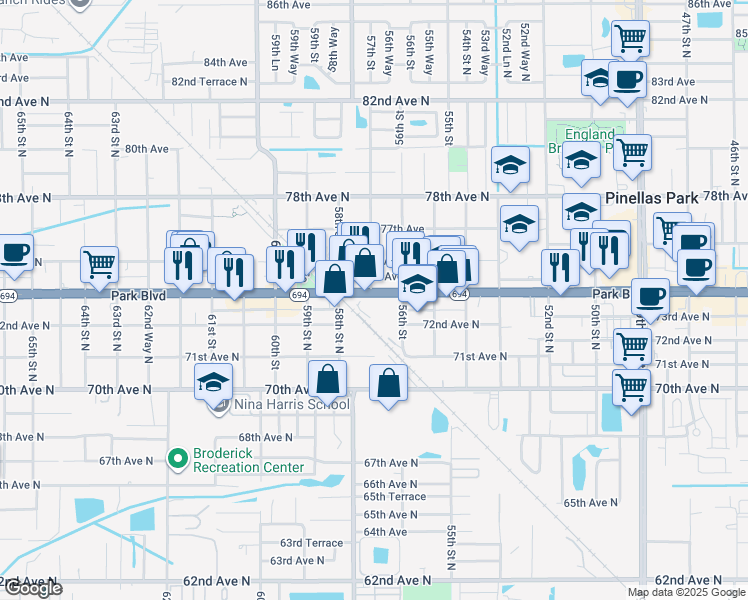 map of restaurants, bars, coffee shops, grocery stores, and more near 5690 Park Boulevard North in Pinellas Park