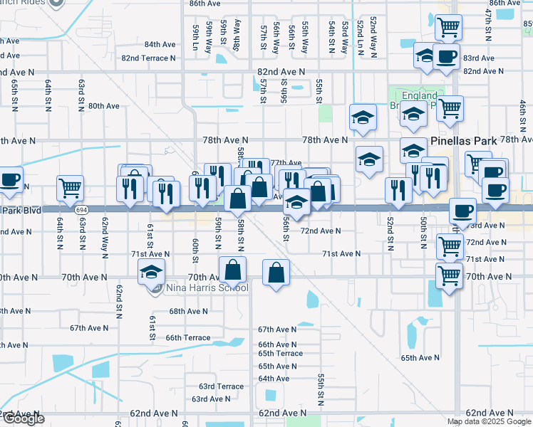 map of restaurants, bars, coffee shops, grocery stores, and more near 5690 Park Boulevard North in Pinellas Park