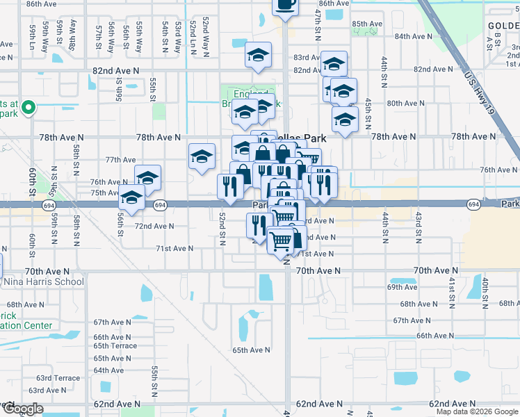 map of restaurants, bars, coffee shops, grocery stores, and more near 4941 73rd Avenue North in Pinellas Park