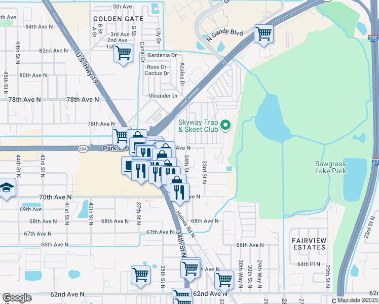 map of restaurants, bars, coffee shops, grocery stores, and more near 3475 Applewood Terrace in Pinellas Park
