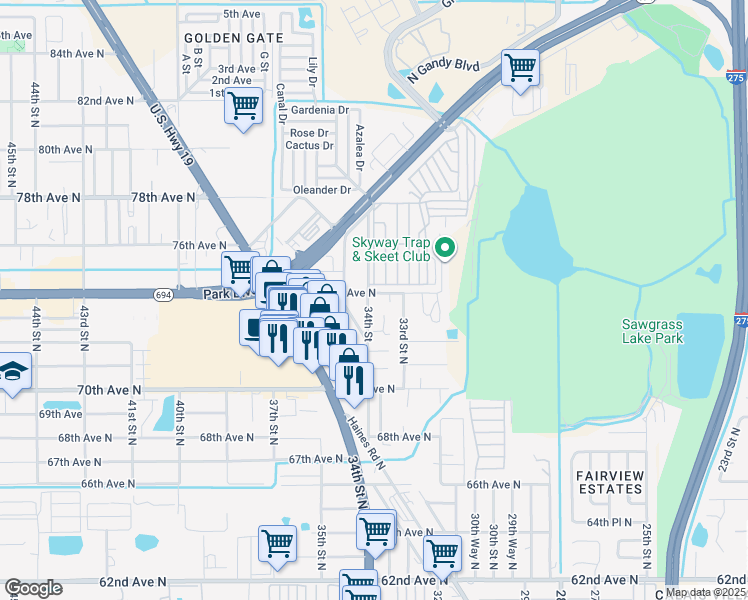 map of restaurants, bars, coffee shops, grocery stores, and more near 3475 Applewood Terrace in Pinellas Park