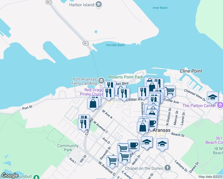 map of restaurants, bars, coffee shops, grocery stores, and more near 1300 Port Street in Port Aransas