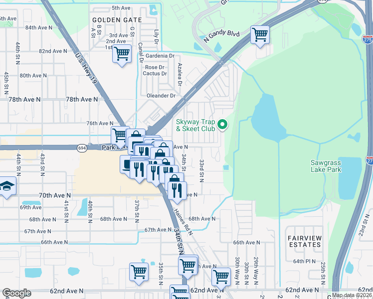 map of restaurants, bars, coffee shops, grocery stores, and more near 3475 Applewood Terrace in Pinellas Park