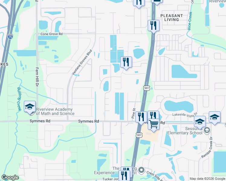 map of restaurants, bars, coffee shops, grocery stores, and more near 11148 Rising Mist Boulevard in Riverview