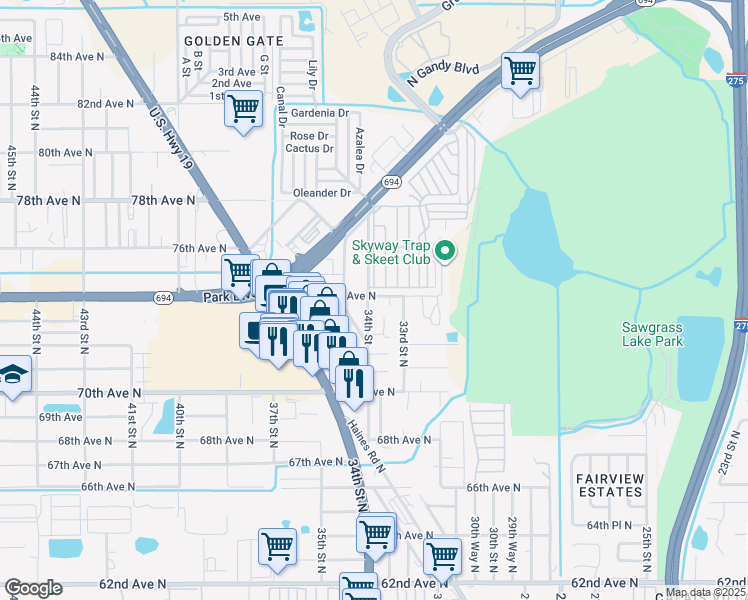 map of restaurants, bars, coffee shops, grocery stores, and more near 3475 Applewood Terrace in Pinellas Park