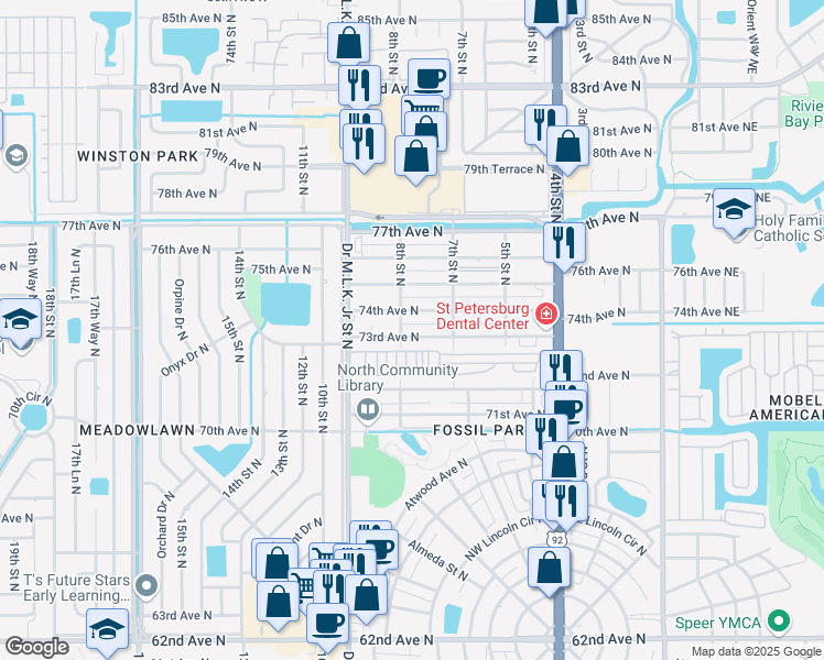 map of restaurants, bars, coffee shops, grocery stores, and more near 781 73rd Avenue North in Saint Petersburg