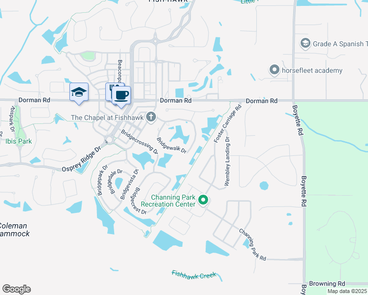 map of restaurants, bars, coffee shops, grocery stores, and more near 16439 Bridgewalk Drive in Lithia