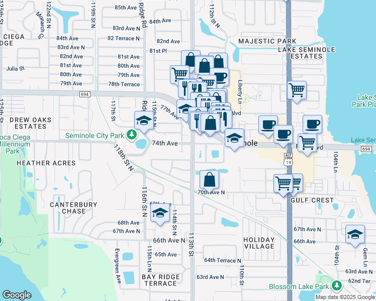 map of restaurants, bars, coffee shops, grocery stores, and more near 11301 72nd Terrace North in Seminole
