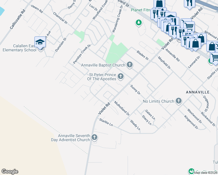 map of restaurants, bars, coffee shops, grocery stores, and more near 3801 Violet Road in Corpus Christi