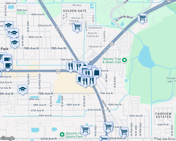 map of restaurants, bars, coffee shops, grocery stores, and more near None in Pinellas Park