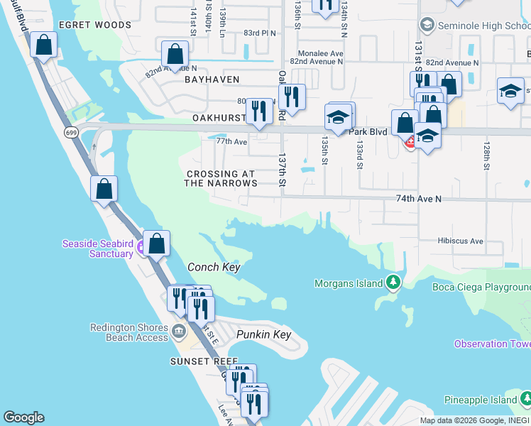 map of restaurants, bars, coffee shops, grocery stores, and more near 7360 Oakhurst Road in Seminole