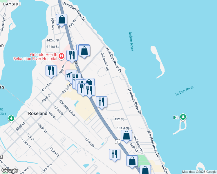 map of restaurants, bars, coffee shops, grocery stores, and more near 13570 Mystic Drive in Sebastian