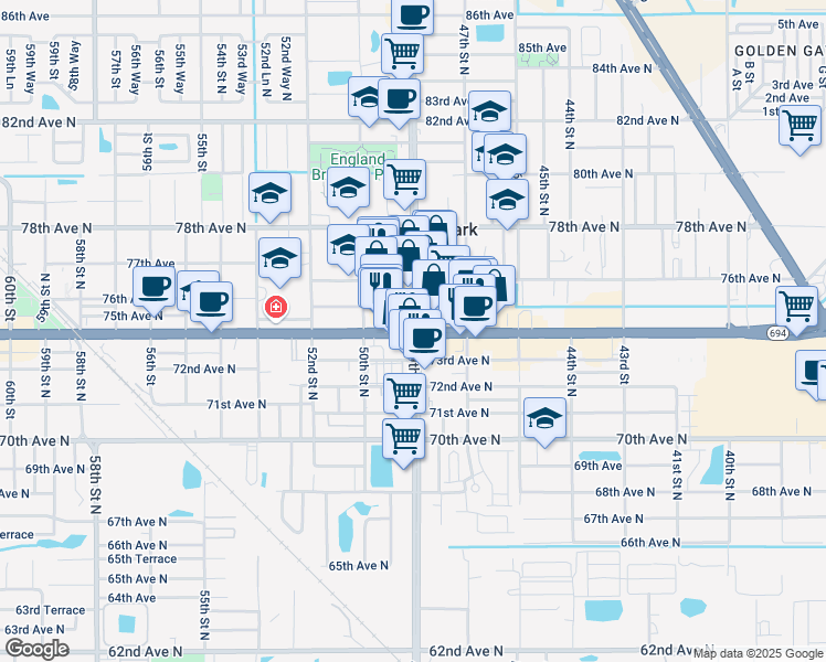 map of restaurants, bars, coffee shops, grocery stores, and more near Park Blvd & 49th St N in Pinellas Park