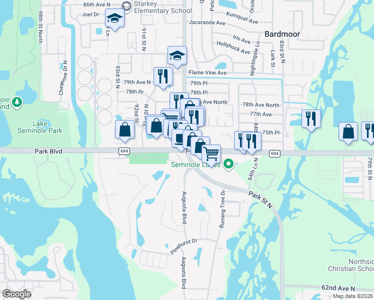 map of restaurants, bars, coffee shops, grocery stores, and more near in Seminole