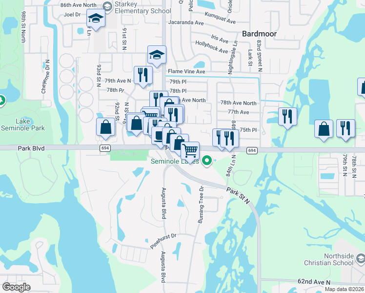 map of restaurants, bars, coffee shops, grocery stores, and more near Park Boulevard in Pinellas County