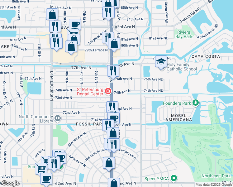 map of restaurants, bars, coffee shops, grocery stores, and more near 7491 4th Street North in St. Petersburg