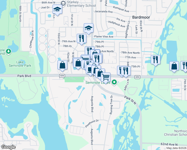 map of restaurants, bars, coffee shops, grocery stores, and more near in Seminole