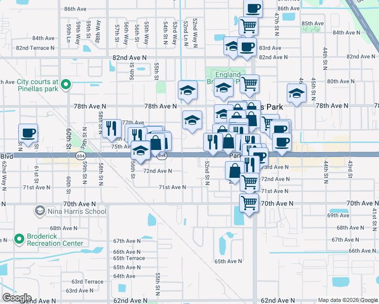 map of restaurants, bars, coffee shops, grocery stores, and more near 5265 74th Avenue in Pinellas Park