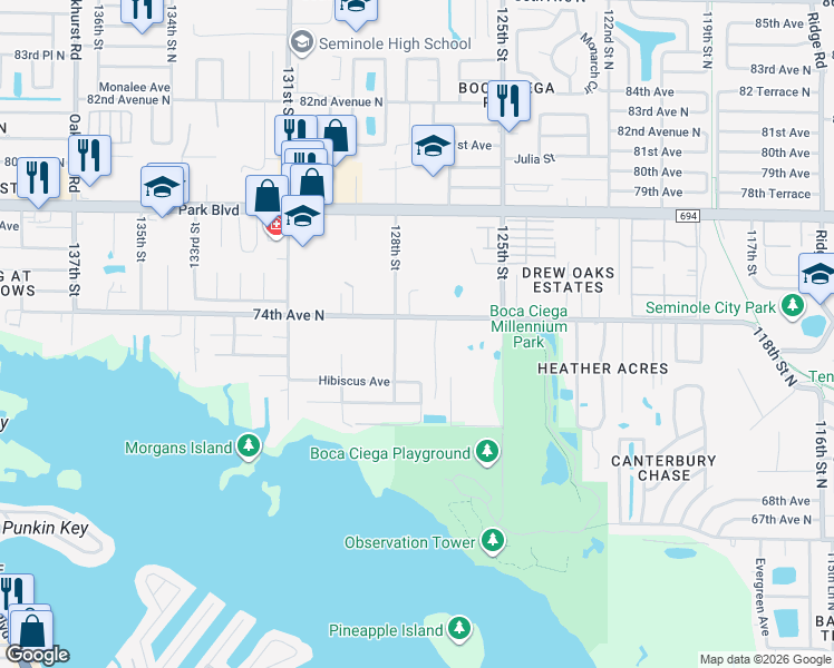 map of restaurants, bars, coffee shops, grocery stores, and more near 12730 74th Avenue North in Seminole