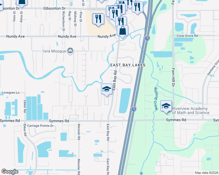map of restaurants, bars, coffee shops, grocery stores, and more near 11313 Fish Hook Place in Gibsonton