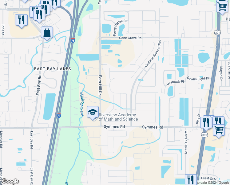 map of restaurants, bars, coffee shops, grocery stores, and more near 11116 Sage Canyon Drive in Riverview