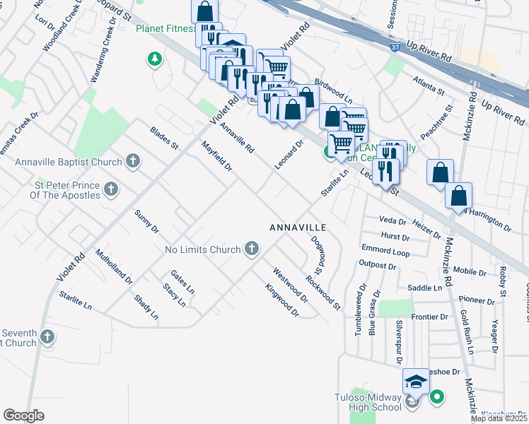 map of restaurants, bars, coffee shops, grocery stores, and more near 10849 Mayfield Drive in Corpus Christi