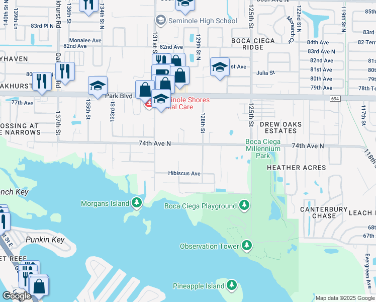 map of restaurants, bars, coffee shops, grocery stores, and more near 12859 74th Avenue North in Seminole