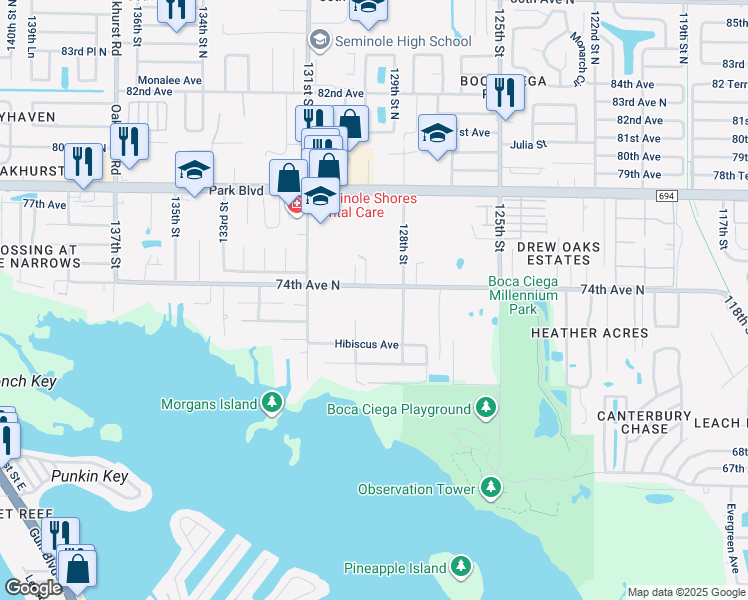 map of restaurants, bars, coffee shops, grocery stores, and more near 12859 74th Avenue North in Seminole
