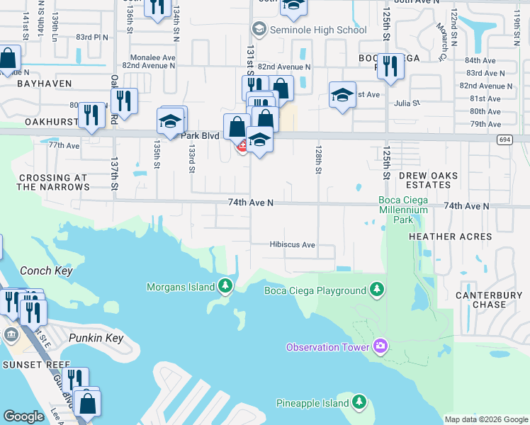 map of restaurants, bars, coffee shops, grocery stores, and more near 13060 74th Avenue North in Seminole