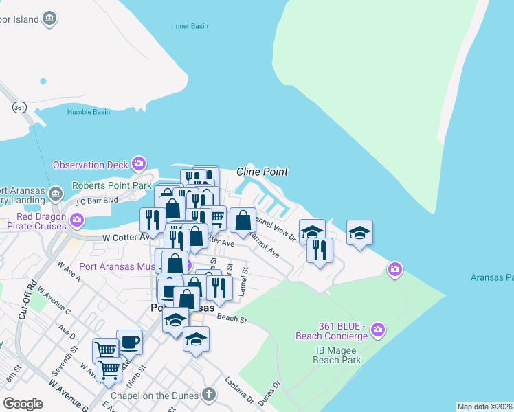 map of restaurants, bars, coffee shops, grocery stores, and more near 1038 Private Road E in Port Aransas