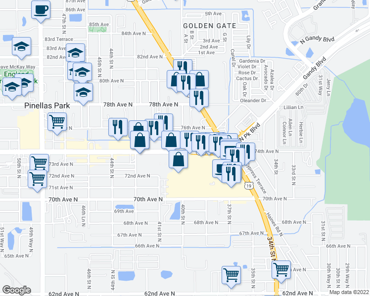map of restaurants, bars, coffee shops, grocery stores, and more near 3991 Park Boulevard North in Pinellas Park