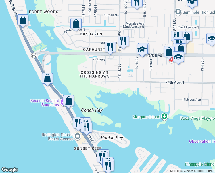 map of restaurants, bars, coffee shops, grocery stores, and more near 7366 74th Avenue North in Seminole