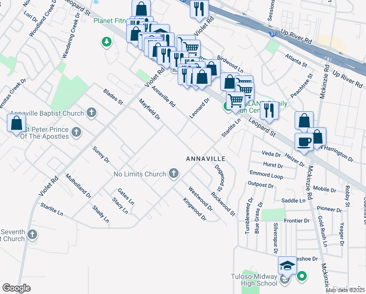 map of restaurants, bars, coffee shops, grocery stores, and more near 10849 Mayfield Drive in Corpus Christi