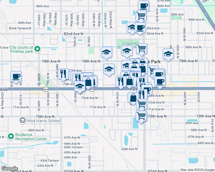map of restaurants, bars, coffee shops, grocery stores, and more near 5265 74th Avenue in Pinellas Park