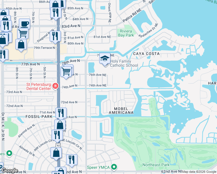 map of restaurants, bars, coffee shops, grocery stores, and more near 7401 Cedar Street Northeast in St. Petersburg
