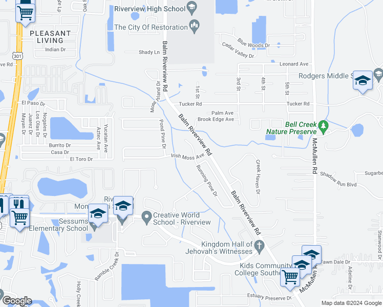 map of restaurants, bars, coffee shops, grocery stores, and more near 11027 Running Pine Drive in Riverview