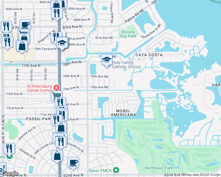 map of restaurants, bars, coffee shops, grocery stores, and more near 7401 Cedar Street Northeast in St. Petersburg