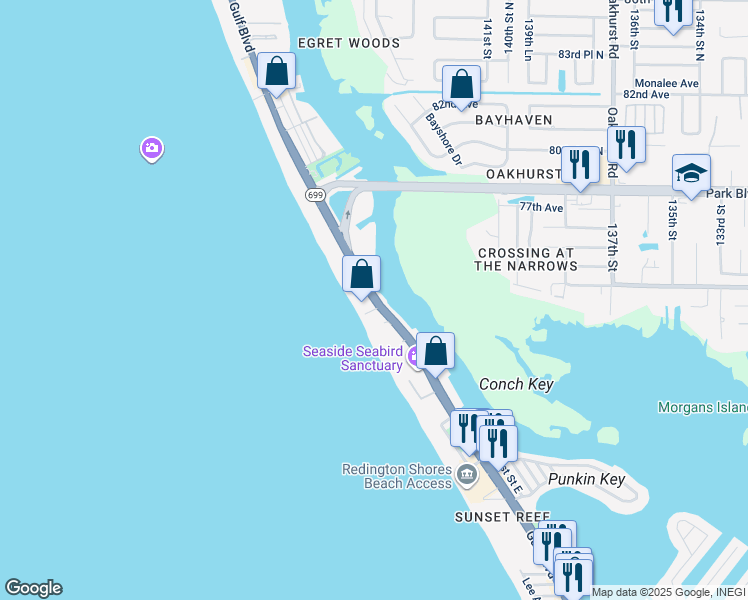 map of restaurants, bars, coffee shops, grocery stores, and more near 18610 Gulf Boulevard in Indian Rocks Beach