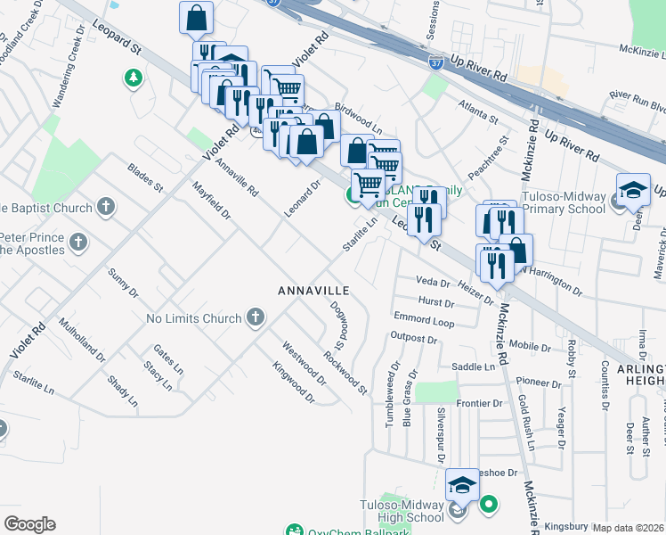 map of restaurants, bars, coffee shops, grocery stores, and more near 4249 Starlite Lane in Corpus Christi