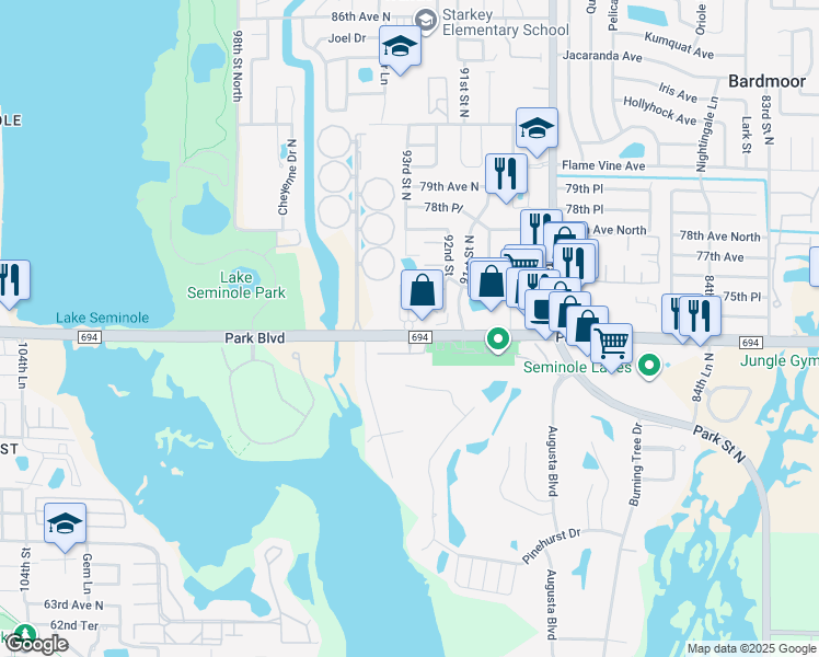 map of restaurants, bars, coffee shops, grocery stores, and more near 9333 Park Boulevard North in Seminole