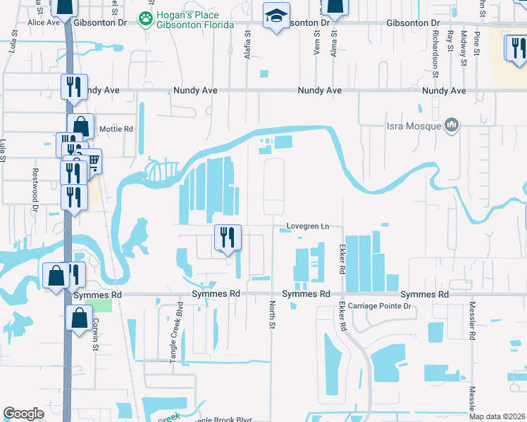 map of restaurants, bars, coffee shops, grocery stores, and more near 11116 Riley Pines Circle in Gibsonton
