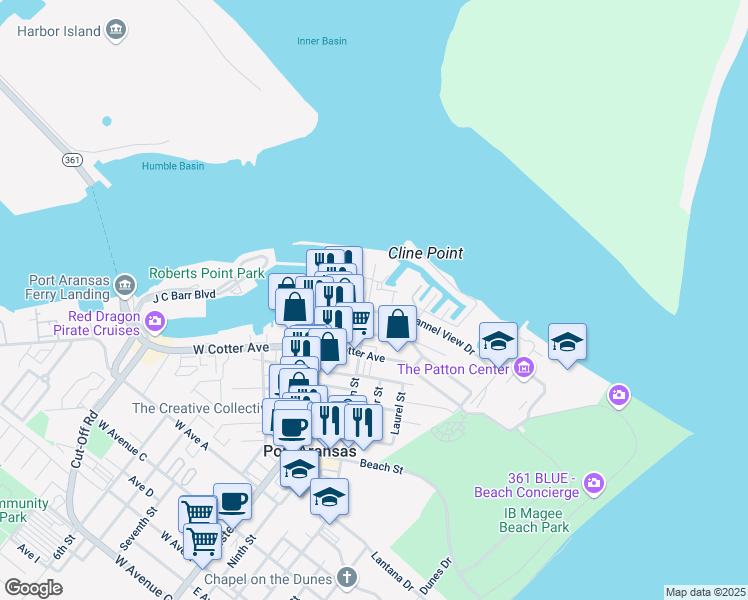 map of restaurants, bars, coffee shops, grocery stores, and more near 242 Turtle Cove in Port Aransas