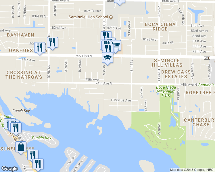 map of restaurants, bars, coffee shops, grocery stores, and more near 13060 74th Avenue North in Seminole